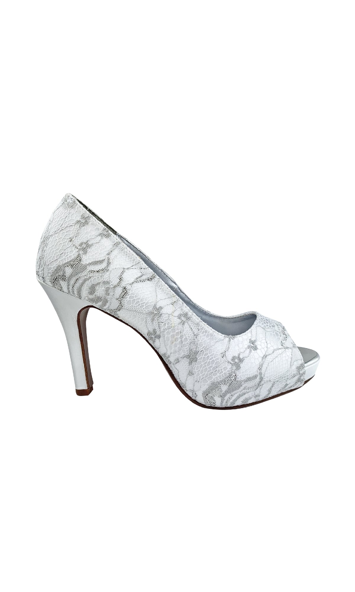 The Winter White Lace and Satin Prom Shoes: Dyeables 32914 feature a delicate lace overlay and mid-height stiletto heel, making them perfect elegant white prom shoes, shown in profile against a white background.